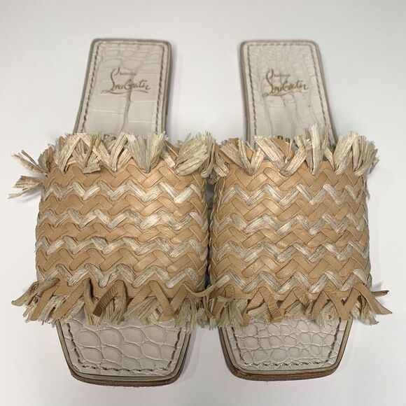 Christian Louboutin Soudana Raffia Flat Slip On Sandals EU 36.5 US 6.5 Low Heel - Picture 2 of 10
